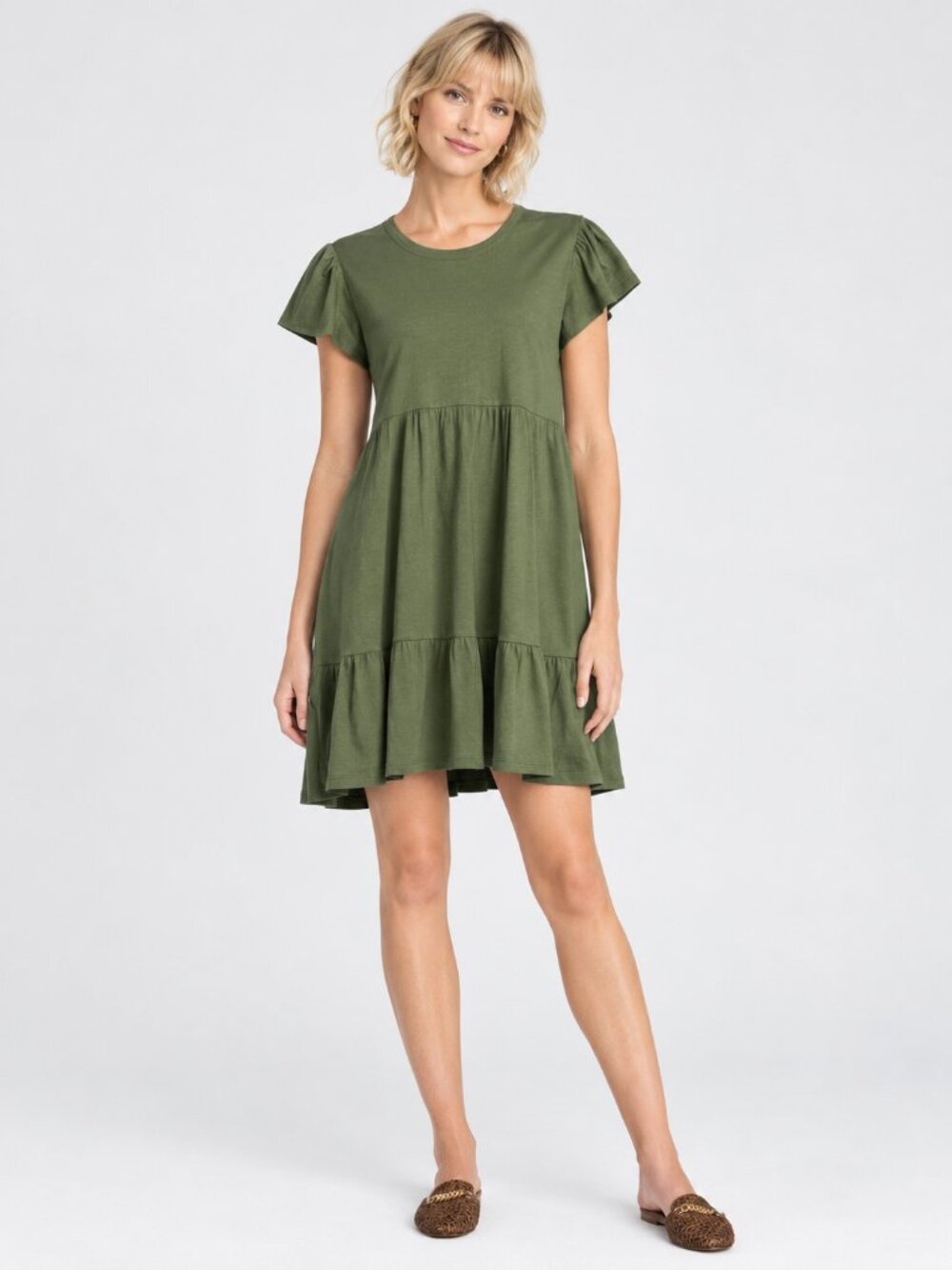 2/$30 Time and Tru Tiered Knit Babydoll Dress Flutter Sleeve Olive Medium #A4680
